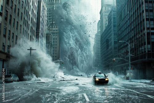 Dramatic illustration of a tidal wave hitting a city street with cars amidst the chaos