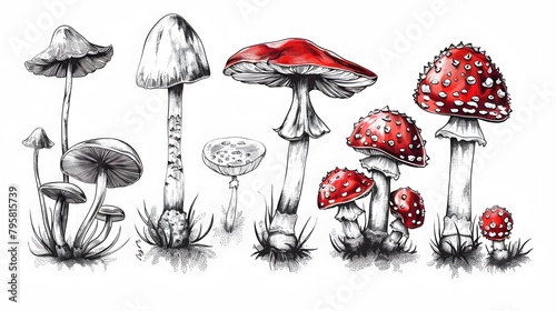 Poisonous mushrooms Vector illustration drawn by hand, family of inedible mushrooms Dangerous mushrooms, toadstool, fly agaric, white toadstool, family of mushrooms isolated on a white background
