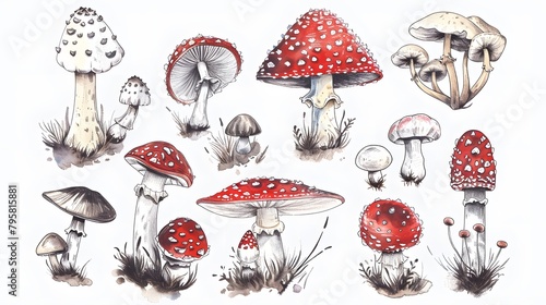 Poisonous mushrooms Vector illustration drawn by hand, family of inedible mushrooms Dangerous mushrooms, toadstool, fly agaric, white toadstool, family of mushrooms isolated on a white background