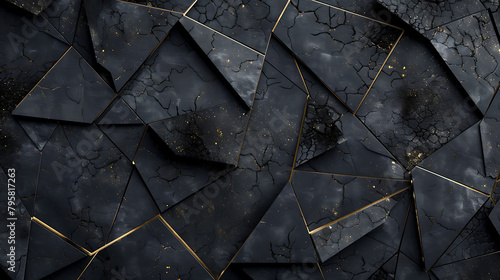 a complex geometric pattern with black textured surfaces, intricately divided by golden lines
