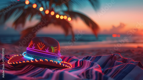 colorful neon-lit sombrero on a striped beach towel at sunset with palm trees