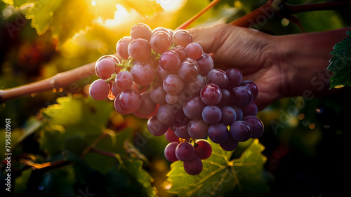 Farmer holding a bunch of grapes in the beautiful morning sunlight, ripe plump grapes on the vine sparkling in the sun, showing the beauty of nature, 