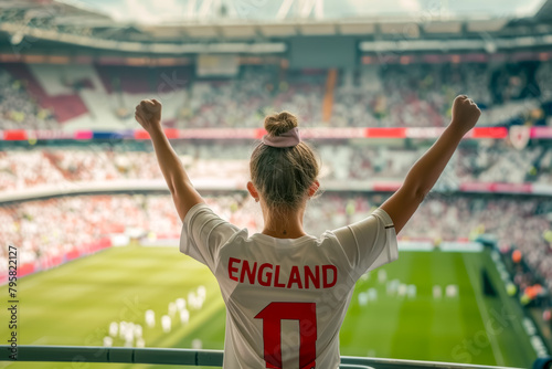 English football soccer fans in a stadium supporting the national team, Three Lions 