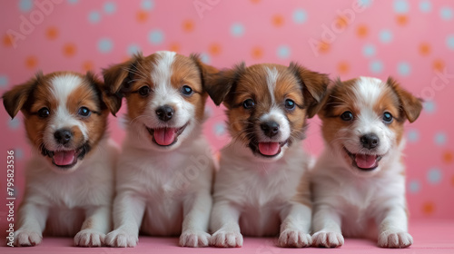 quartet of smiling puppies on pink dotted background for cheerful pet marketing