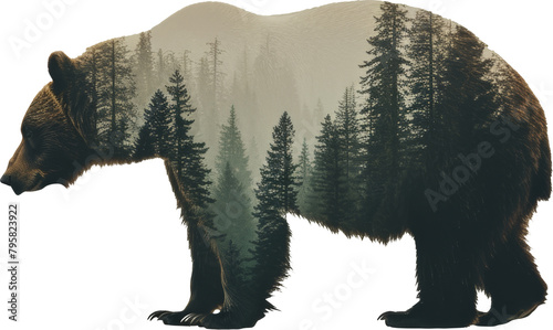 Double exposure of a bear with forest landscape