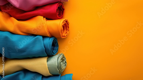 assorted colorful fabric bolts on yellow background for textile industry, with a copy space for text