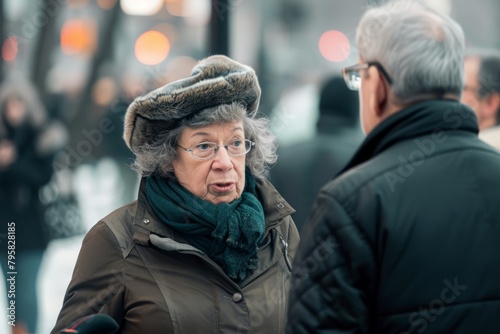 Elderly woman wearing warm clothes and green scarf on the street in Wroclaw.