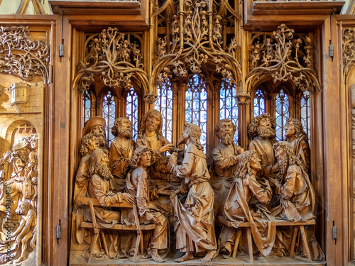 Detail of the wooden carved altar of The Holly Blood by Tilman Riemenschneider in Rothenburg ob der Tauber St. Jakob Church