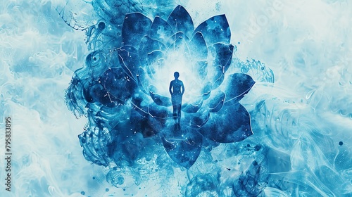book cover image, a silhouette standing in a lotus flower floating at the center of a white space with aura in varying shades of blue, inspired by spirituality and healing