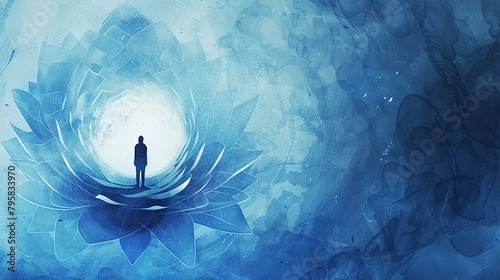 book cover image, a silhouette standing in a lotus flower floating at the center of a white space with aura in varying shades of blue, inspired by spirituality and healing