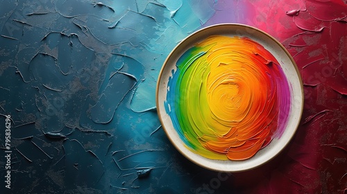 Colorful palette of acrylic paints in bowl on textured background, closeup