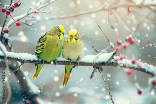 parakeets perched on snowcovered branch winter christmas card background