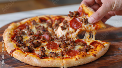 a hand grabbing a slice of sausage and pepperoni pizza. The pizza is on a wooden cutting board