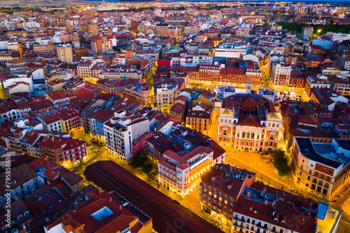 Panoramic night view of illuminated downtown Valladolid, Spain