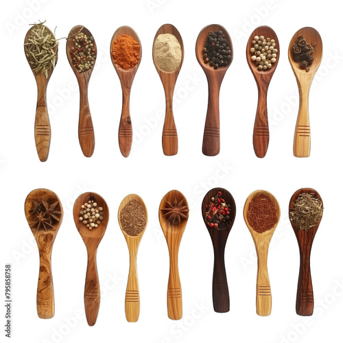 assortment of colorful spices in the wooden spoons on the white background