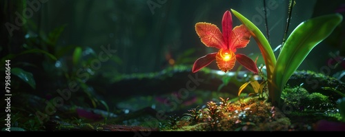 Glowing red flower in the middle of the jungle