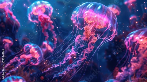 A swarm of glowing jellyfish in the deep blue sea.