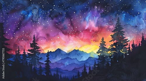 The magic of the night sky: a watercolour incarnation of the starry sky, each drop of paint reflecting the infinite expanse of space and the mystical atmosphere of the night