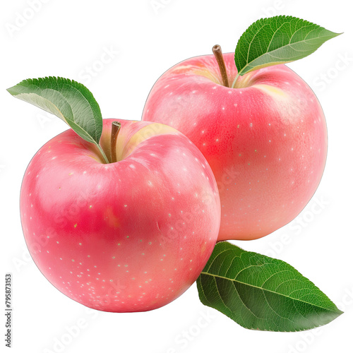 closeup two whole pink fuji apples with green leaf isolated on white background