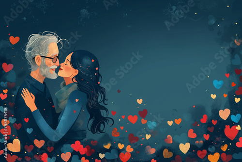 Illustration of an elderly couple in love on blue background with space for text