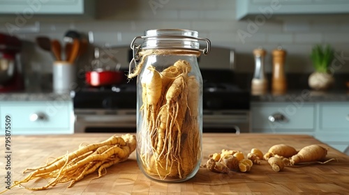 raw ginseng in the transparant bottle package, kitchen background setting