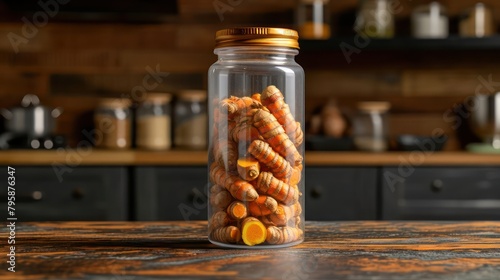 tumeric in the transparant bottle package, kitchen background setting