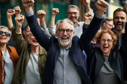 Group of happy senior business people with arms raised celebrating success in the city