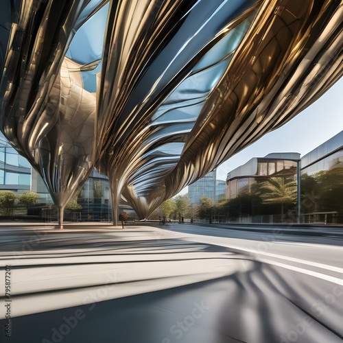 Sleek, metallic structures bending and flexing in a rhythmic dance of motion and light, reflecting their surroundings in a dynamic way4