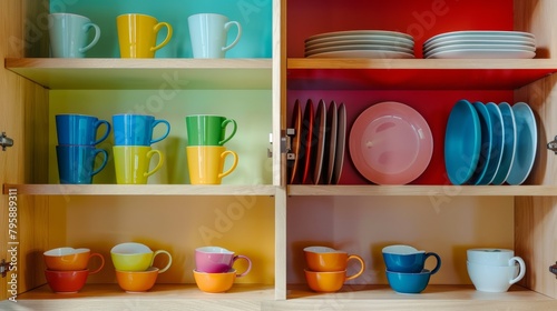 Open cabinet in a vibrant modern kitchen, revealing an array of colorful dishes and cups