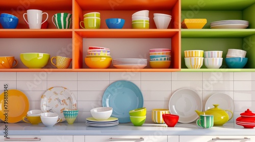 Open cabinet in a vibrant modern kitchen, revealing an array of colorful dishes and cups
