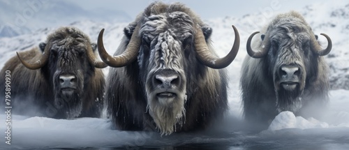 Timelapse photo series of musk oxen as they endure the changing intensity of a daylong snowstorm