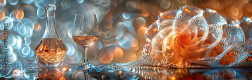 Embrace the palette of elegance: a carafe and a glass of rose wine grace an abstract fractal backdrop, evoking a symphony of taste and visual allure