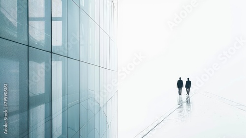 Two silhouetted figures walking towards modern glass building in misty ambiance