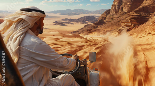 A man is seen riding on the back of a truck as it moves through a barren desert landscape.