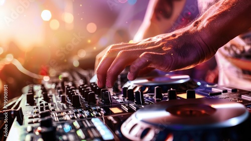 Close-up of DJ mixing music with turntable at club