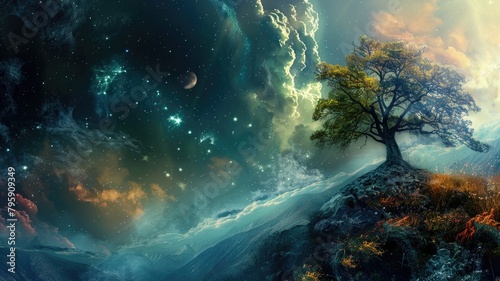 Surreal landscape with contrasting day and night skies divided by solitary tree
