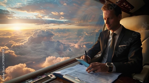 A businessman surveys paperwork and digital devices while soaring above the clouds in his private jet, focused and determined