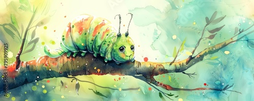 A caterpillar inches along a branch, dreaming of the butterfly it will soon become, kawaii, bright water color