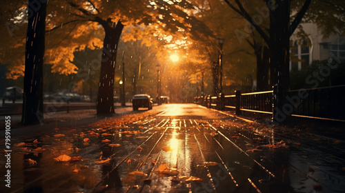Masterpiece best,quality rain,style sunlight,light puddle ,beautiful,lighting blowing reflection autumn
