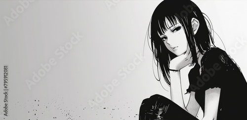 Monochrome illustration of pensive, long-haired female anime character sitting