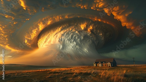House Under a Giant Swirling Cloud Formation - A lone house sits under an apocalyptic-like swirling cloud formation during a sunset in a vast field