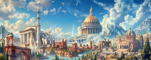 Depict a visual of the Acropolis, Kremlin, Angkor Wat, and Burj Khalifa as iconic landmarks on a global travel backdrop