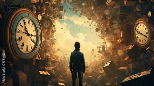 Man facing an explosion of clocks amidst clouds - A man stands before a deluge of clocks flying in a cloudy sky, illustrating concepts of time and existence