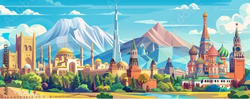 Depict a visual of the Acropolis, Kremlin, Angkor Wat, and Burj Khalifa as iconic landmarks on a global travel backdrop