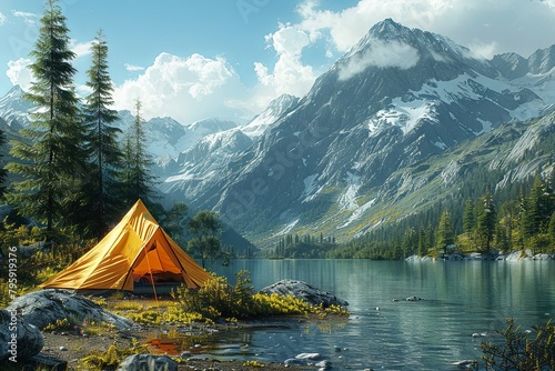 Camping by an alpine lake with vibrant nature - Picturesque campsite by an alpine lake, with a striking orange tent and splendid mountain views