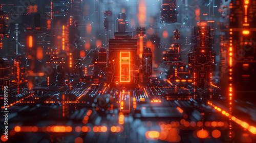 A close-up photo of a computer chip glowing orange under neon lights. Seems like a small city. Can be used for technology, computer-related blogs and advertisements.