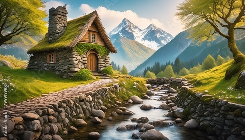 Beautiful cozy fantasy stone cottage in a spring forest aside a cobblestone path and a babbling brook. Stone wall. Mountains in the distance. Magical tone and feel, hyper realistic, nature, mountains,