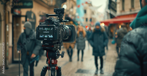 Close up of a professional video camera operator shooting film on a set with people in the background, the focus is on the camcorder and a director
