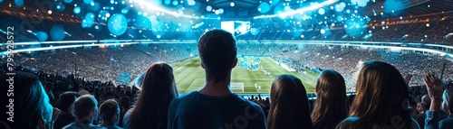 Hightech holograms cheer from the sidelines in a stadium, creating an immersive and motivating atmosphere for competitors