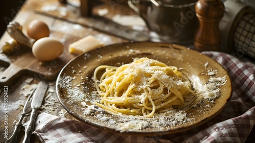 Plate of spaghetti with a generous sprinkle of parmesan